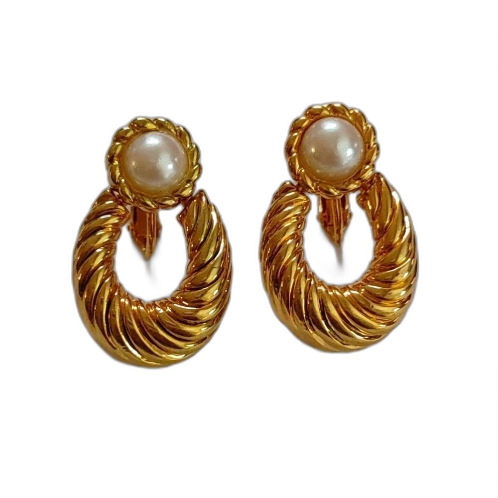 Vintage Napier Gold Loop and Pearl Adjustable Clip Earrings